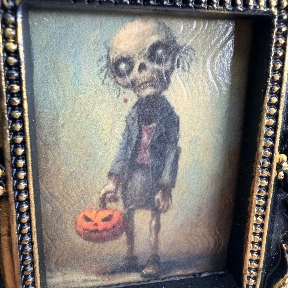 Zombie Boy Decoupage Art Halloween Decor Ornate Black Gold Resin Frame 4x3.25